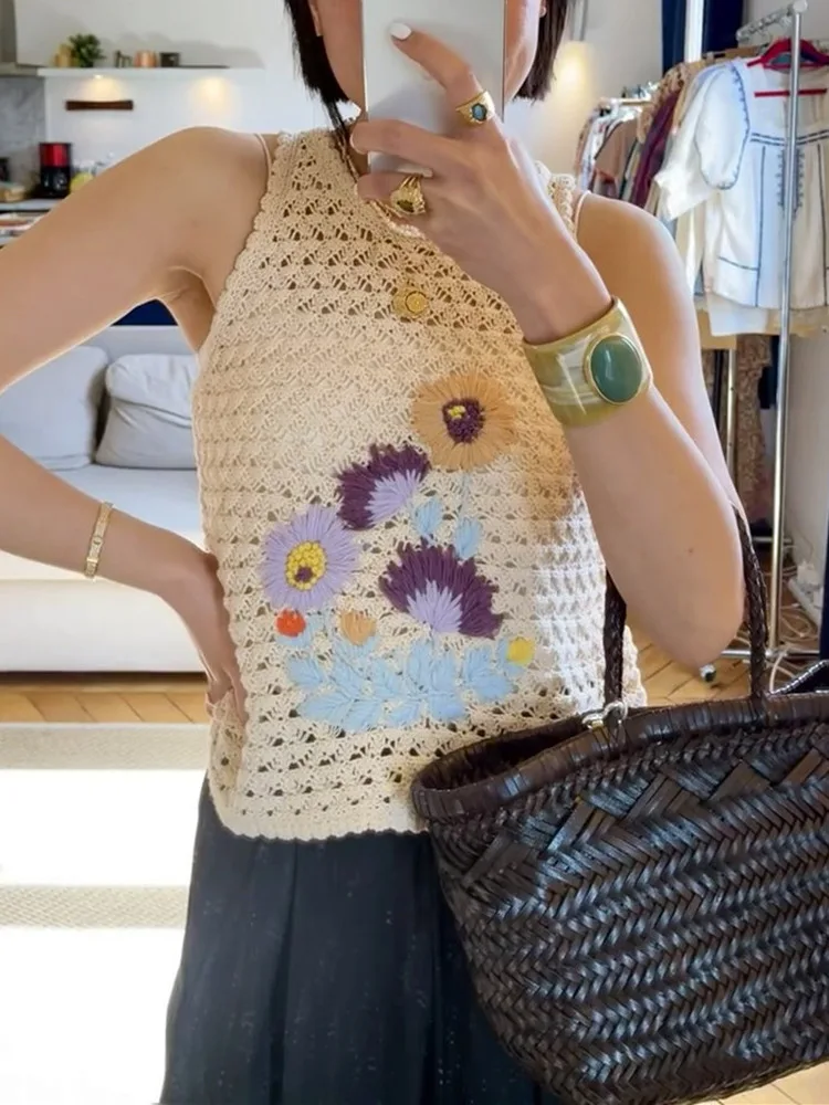 

Высококачественный летний дизайнерский вязаный жилет, женский жилет с тяжелой вышивкой и цветочным вырезом, прямой жилет без рукавов с цветочным узором