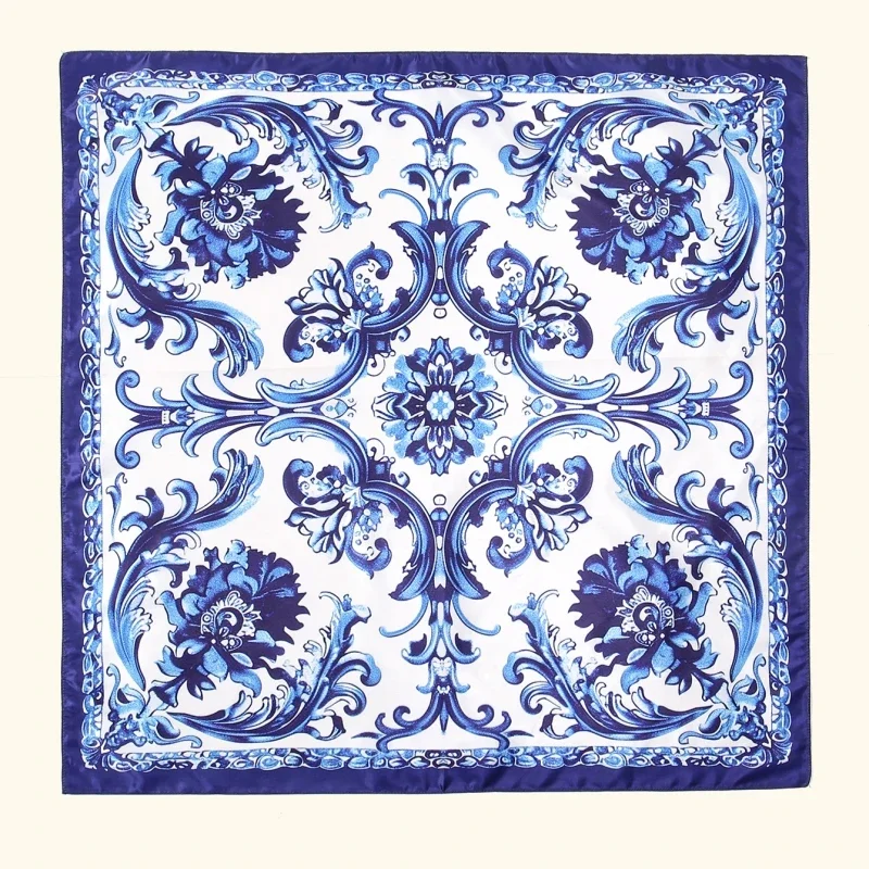 

New Blue and White Porcelain Bandana Head Wraps for Woman Satin Square Scarf Muslim Printed Hijab Turban Ladies Square Headband