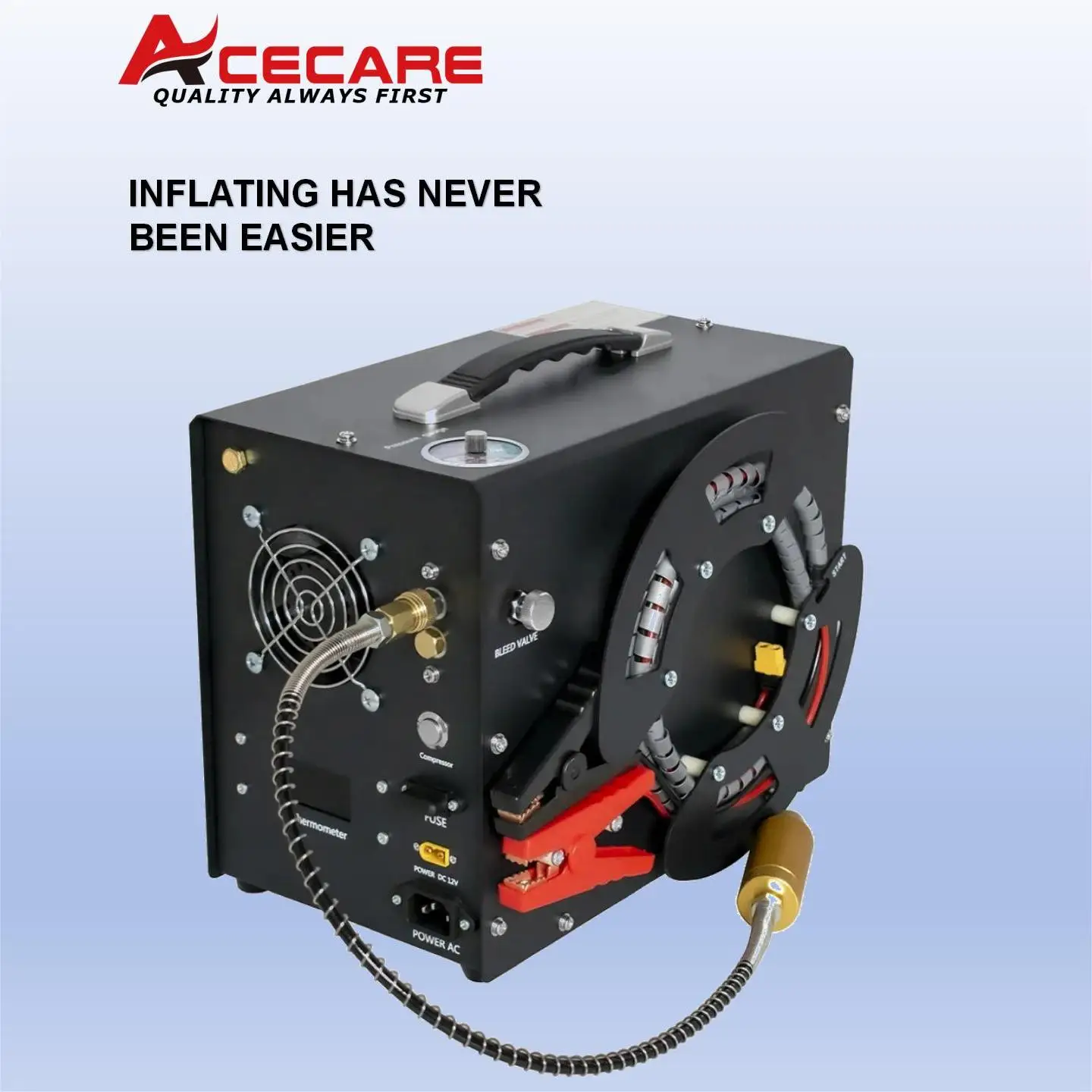 ACECARE ES062 4500Psi 300Bar Portable 12V PCP Air Compressor with Wire Spool Built-in 12V Transformer Auto-stop PCP Scuba Tank