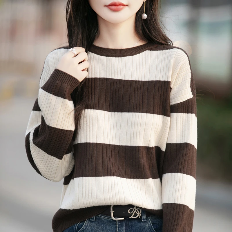 2025 Women's Cashmere Sweater Striped Knitted Sweater Women's Round Neck Pullover Fashion Knitted Sweater Long Sleeve Autumn/Win