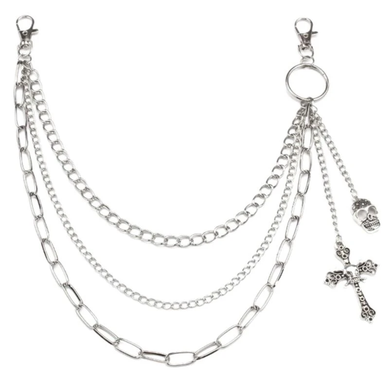 

652F Punk Jeans Pants Chain Multi Layer Chain Crosses Charm Waist Wallet Chain Harajuku Belt for Dancers