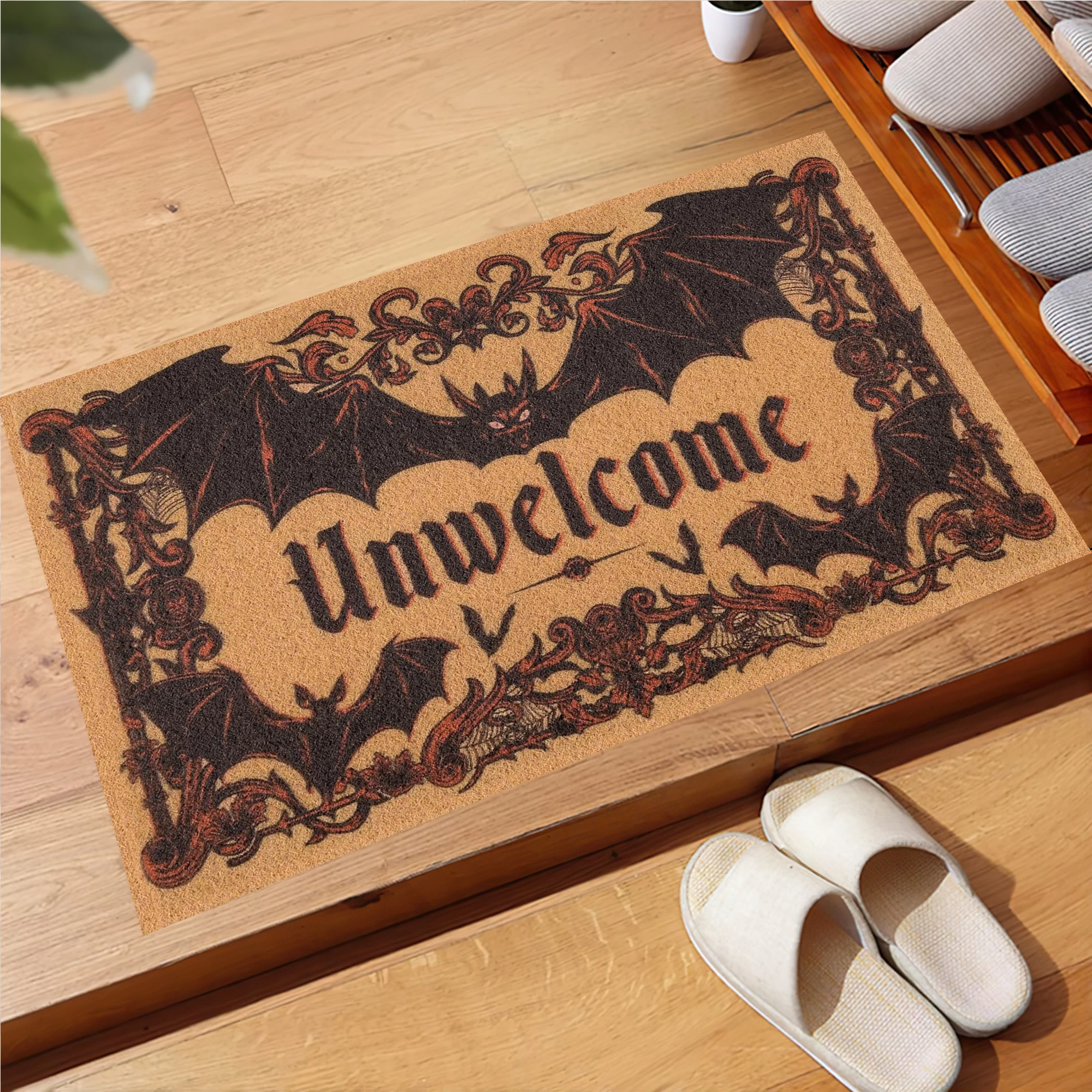 Unwelcome Bat Doormat المطاط عدم الانزلاق الكلمة الحصير للمدخل مخيف هالوين سجادة باب سجاد المطبخ الداخلي
