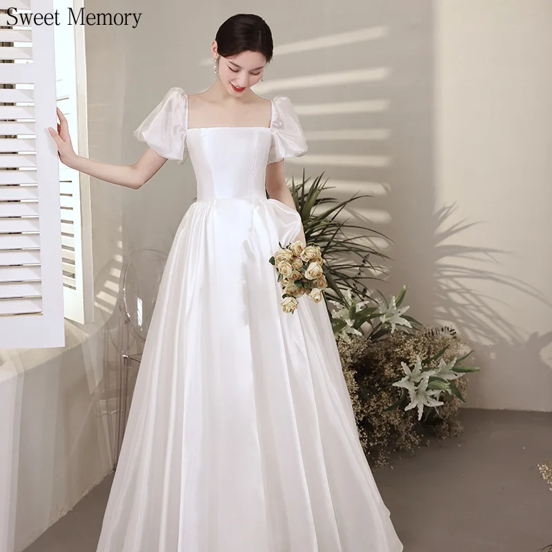 N11145 White Dresses Princess Floor Length Square Collar Lace Up Back Gown Short Sleeves Sexy Bride Dress For Wedding Party