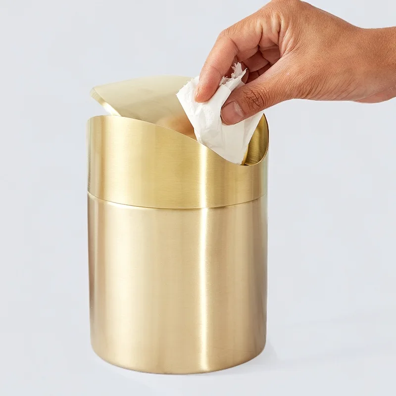 

Golden desktop trash can 304 stainless steel creative storage tube, light luxury paper basket