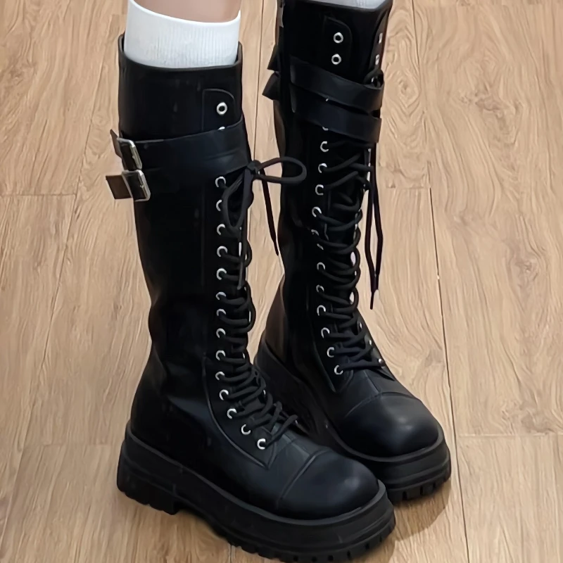 Herbst Winter Plateau Damen Kniehohe Stiefel Schnürstiefel mit Doppelschnallenriemen Lederschuhe Punk Mode Gothic Damen Langstiefel