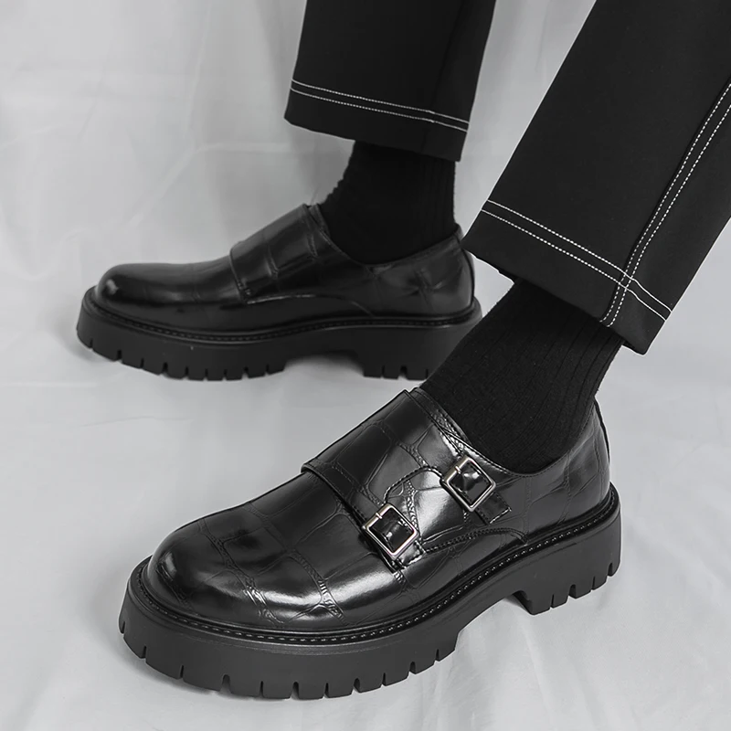 

New Man Leather Casual Shoes Slip-On Platform Business Formal British Style Luxury Male Loafers For Men Black Plus Size 44 45 46