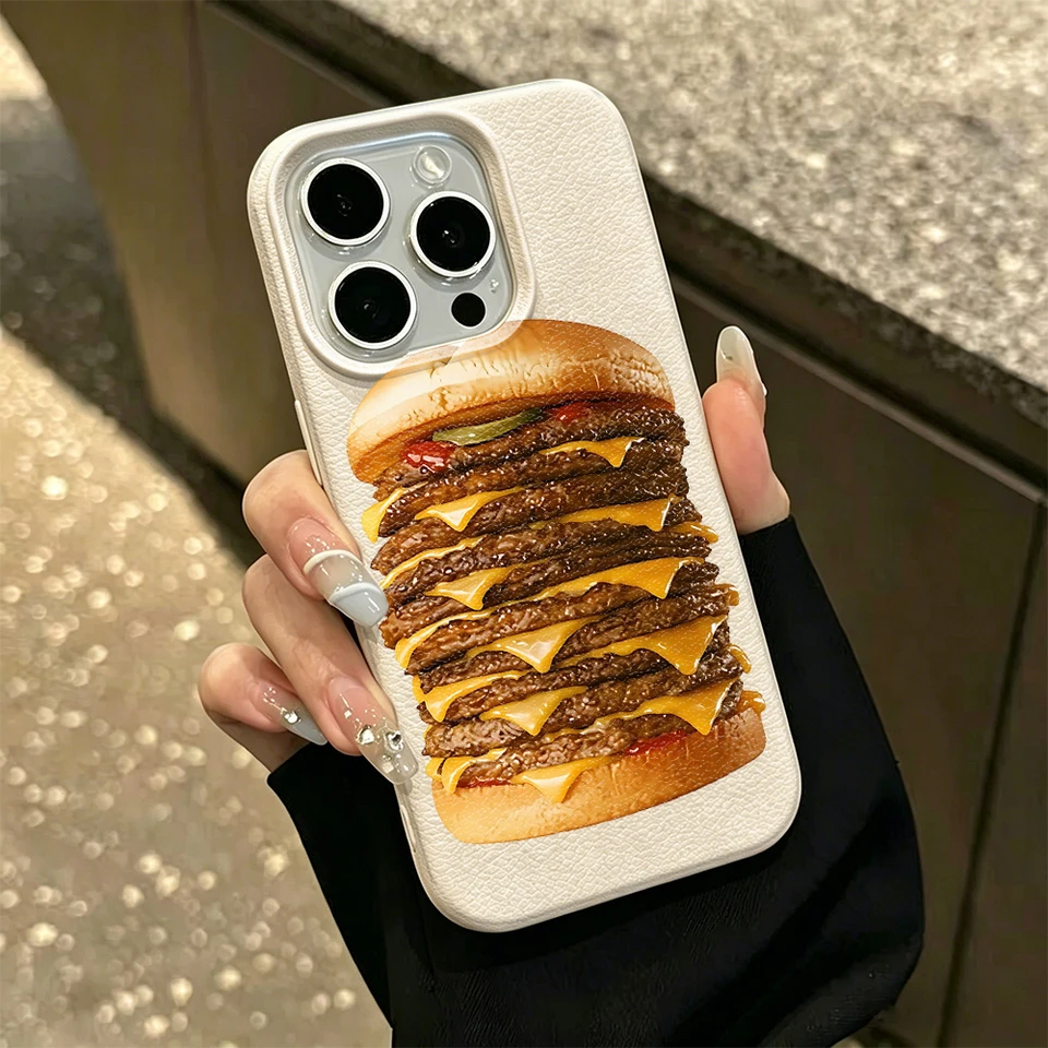 Funda con patrón de hamburguesa para iPhone 17 14 Pro Max 12 Plus 13 11 15 16 17E 16E transparente de alta dureza a prueba de golpes 5