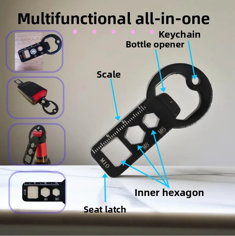 Image of Multifunktionales EDC-Schlüsselanhänger-Werkzeug – Flaschenöffner, Inbusschlüssel (M6/M8/M10), Lineal und Sicherheitsgurt-Schnalle, Edelstahl-Multitool