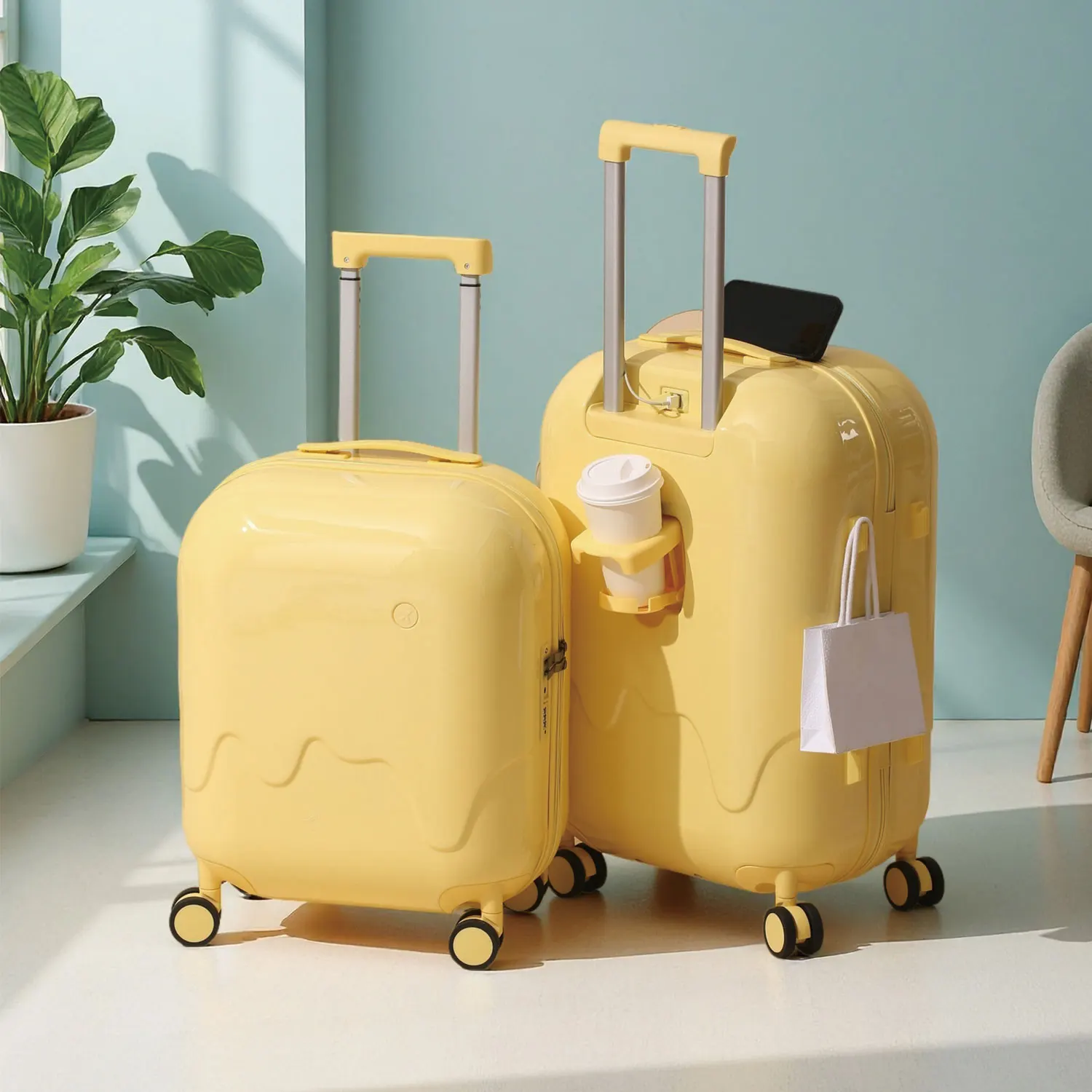 حقيبة أمتعة لطيفة متعددة الوظائف مقاس 20 بوصة 24 بوصة حقيبة تروللي بعجلات ABS + PC مع حامل أكواب ومنفذ شحن USB وعجلات دوارة جانبية #3