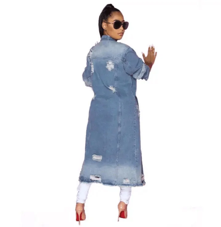 2021 Hot-selling Fashionable Women\'s Ripped Denim Long Slim Coat Cloak Upgraded Version of High-quality Denim Jacket