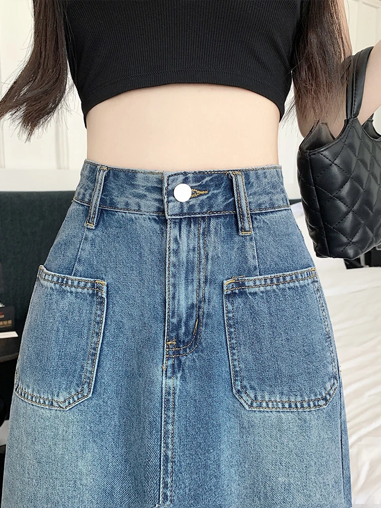 Saia jeans vintage feminina, comprimento médio, cintura alta, linha A, meia saia justa, saia midi solta feminina, verão, nova, 2024