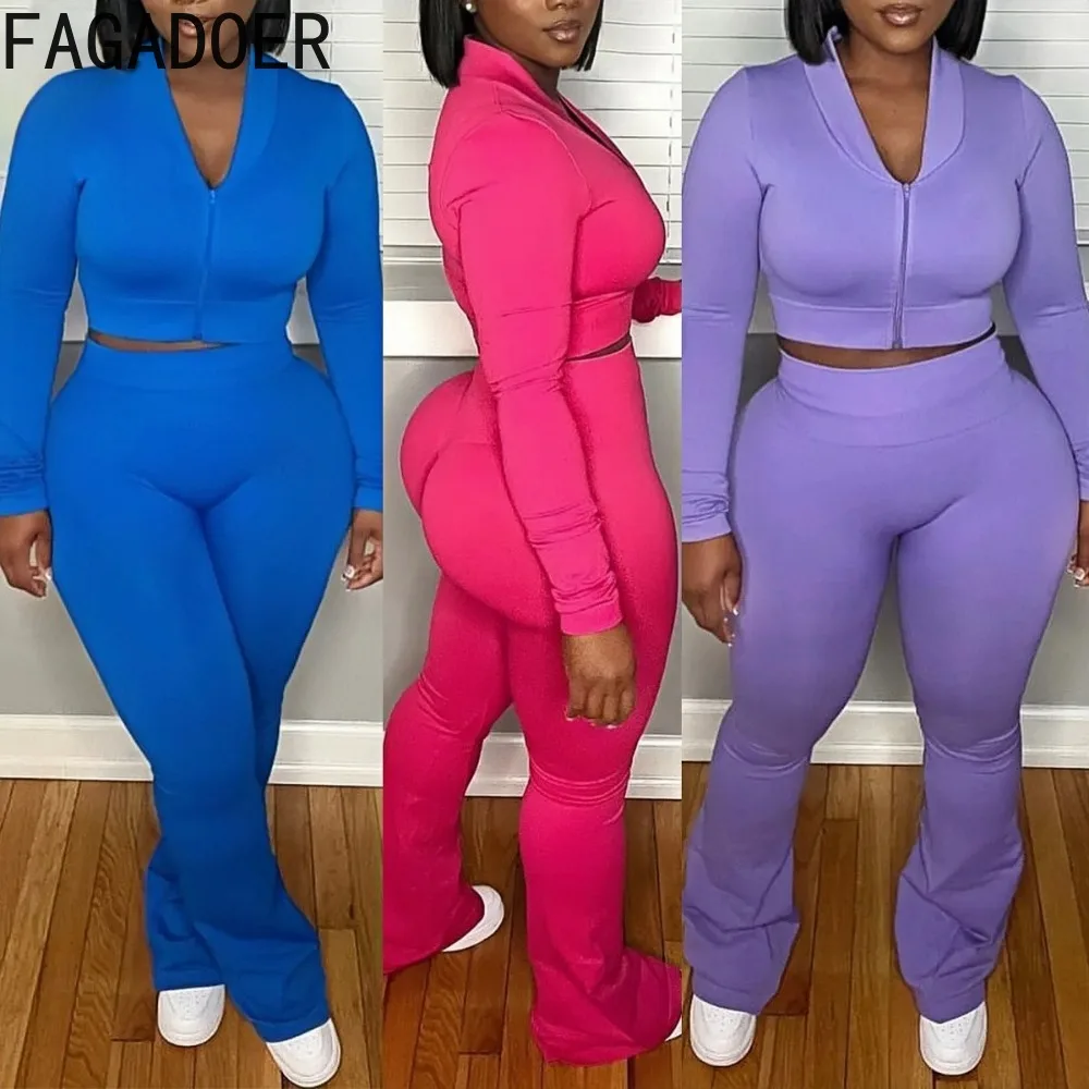 FAGADOER Autumn New Quality 2 Piece Sets Outfit Women Long Sleeve Zip Crop Top + High Waist Flare Pants Suit Sporty Streetwear