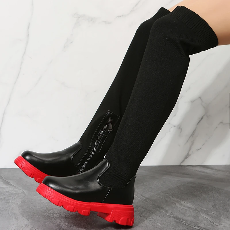 Zakolanówki buty damskie Over-the-knee długie buty na platformie skarpetki dziewiarskie Chunky Red New Rock eleganckie Goth Plus rozmiar Lolita