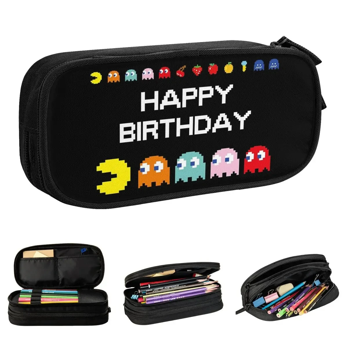 Cute Happy Birthday Kawaii Vintage Pencil Cases Arcade Game Pencil Box Pen for Girls Boys Bag School Supplies Zipper Stationery