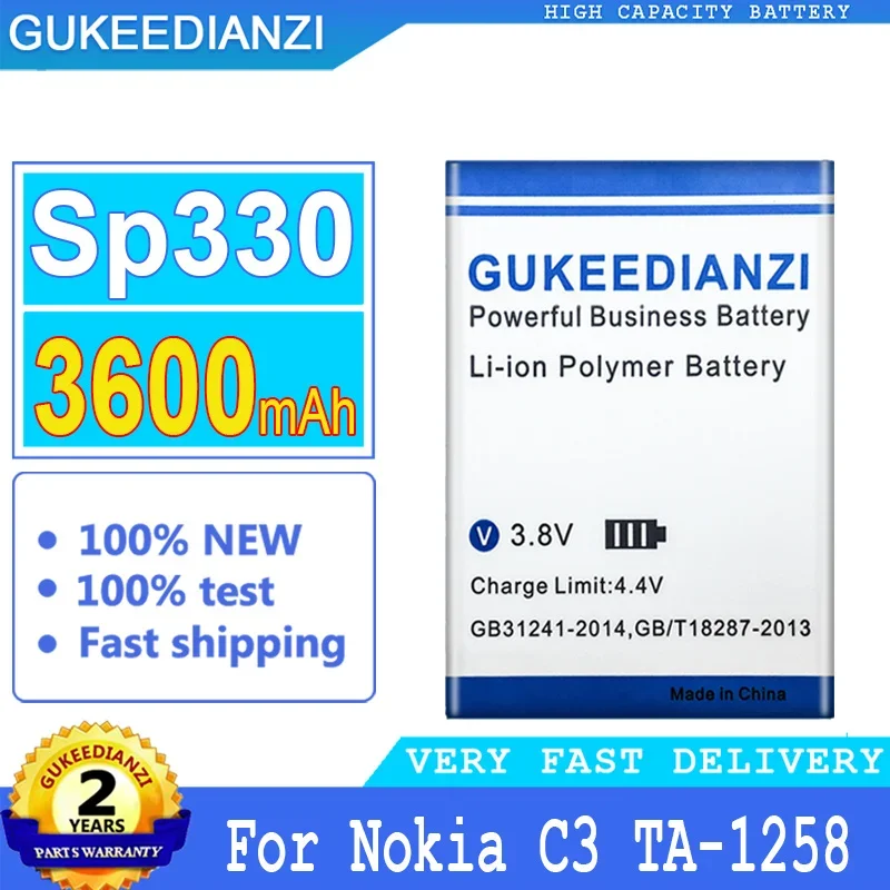 

Аккумулятор GUKEEDIANZI SP330 для Nokia C3 TA-1258 TA1258, аккумулятор большой мощности, 3600 мАч