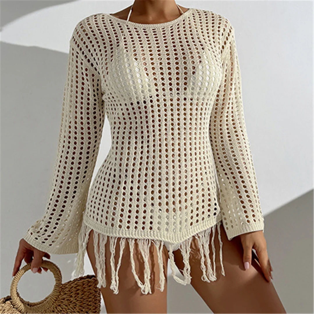 Quaste Langarm Aushöhlen Häkeln Gestrickte Tunika Frauen Strand Cover Up Cover-ups Strand Kleid Strand Tragen Weibliche beachwear