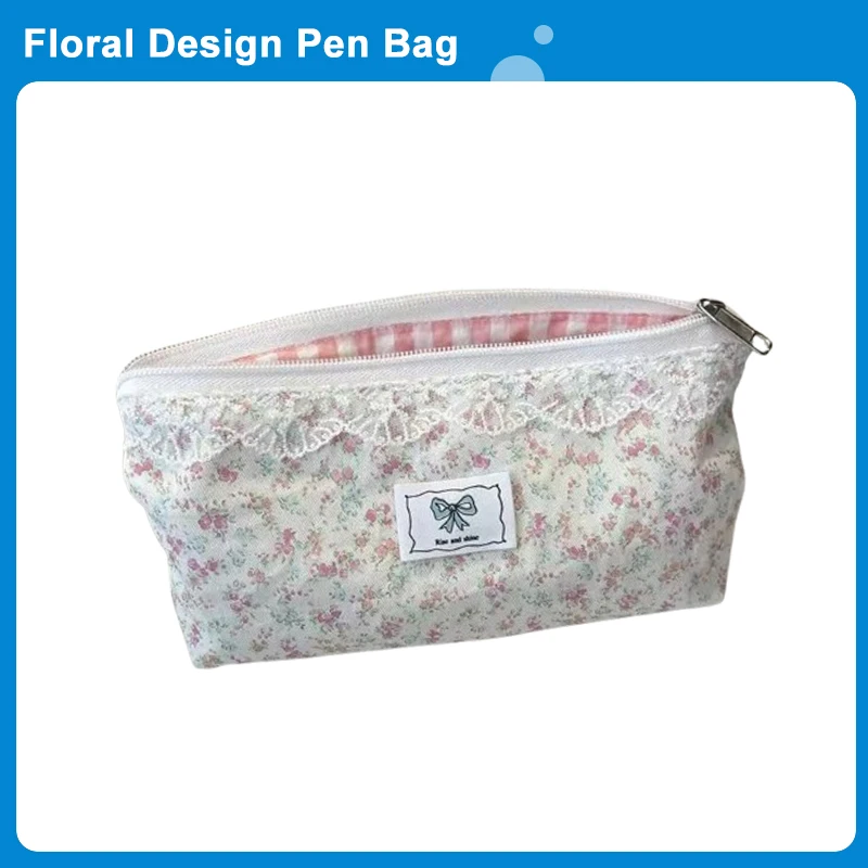 Fresh Lace Floral Design Pen Bag Large Capacity Multifunctional Stationery Bag Pencil Case Students Back To School