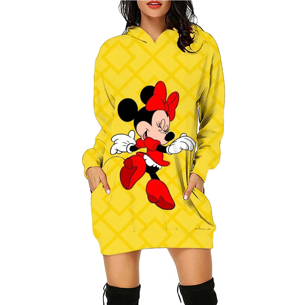 New Disney Series Mickey Mouse Minnie Hoodie Print Hooded Sweater Dress Casual Street Style Ladies Warm Sweater Dress