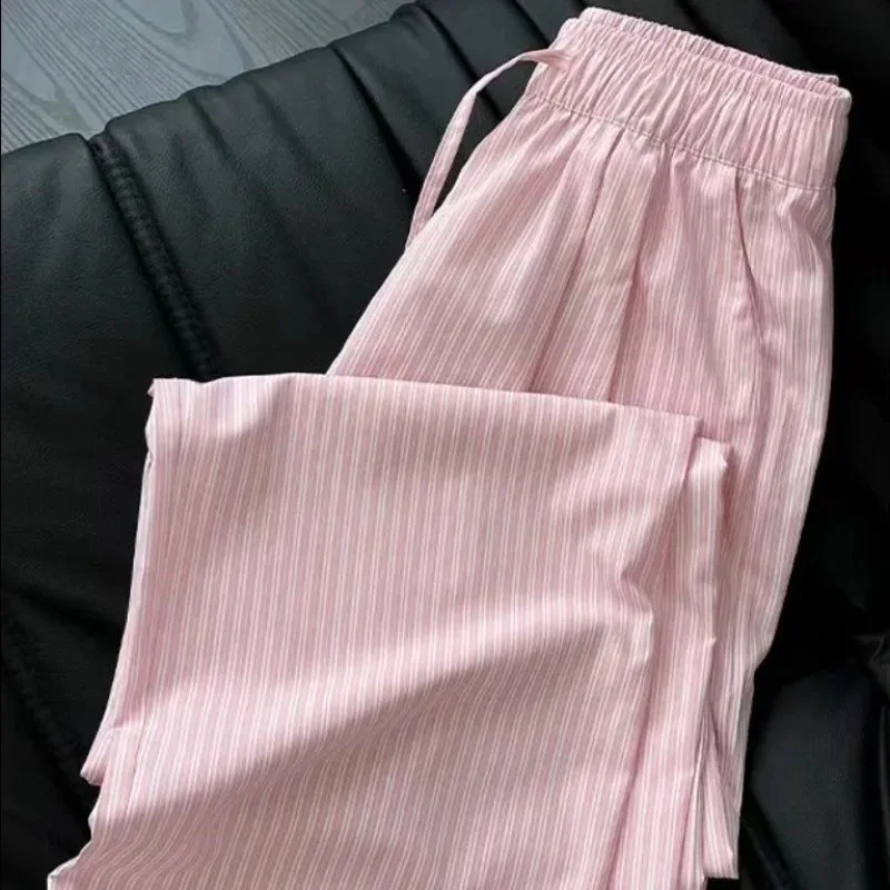 Full Length Pants Women Striped Pockets Drawstring High Waist Straight Loose Summer Breathable Wear-resistant Ulzzang OL Casual