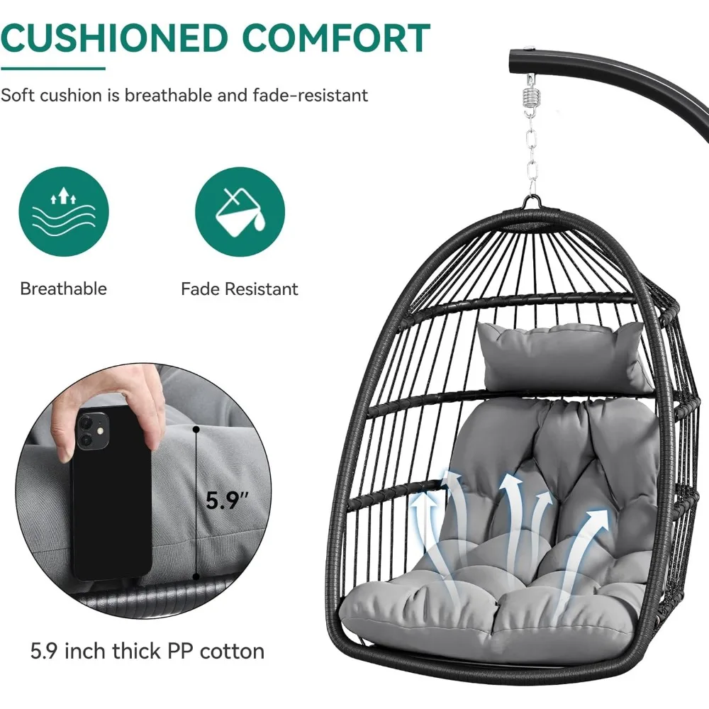 Hanging Egg Swing Chair Wicker Indoor Outdoor Hammock Egg Chair with Cushions 330lbs for Patio, Bedroom,Garden and Balcony