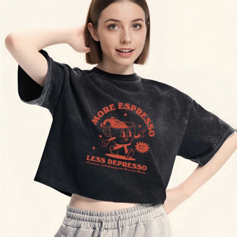 

More Espresso Less Depresso Letter Cup Drink Print Летняя хлопковая футболка с круглым вырезом Свободный женский топ с круглым вырезом и короткими рукавами