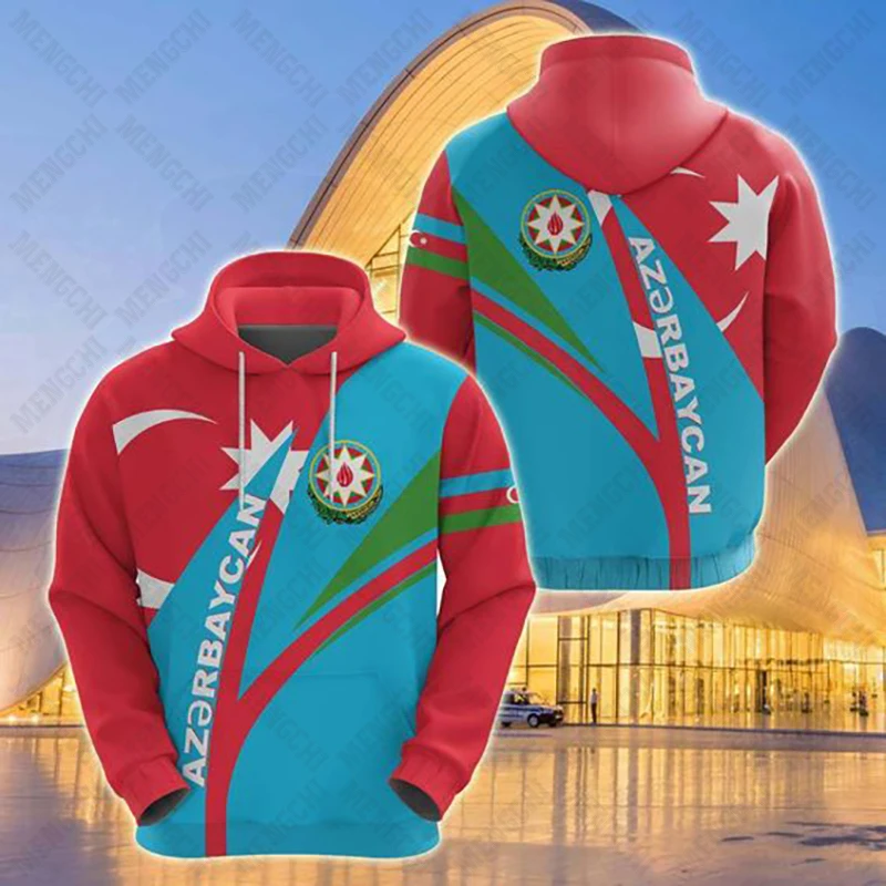 Azerbaijan เสื้อกันหนาวมีฮู้ดลายสัญลักษณ์, เสื้อสเวตเตอร์ใส่ได้ทั้งชายและแบบลำลองสำหรับเด็กผู้หญิงสวมใส่กลางแจ้งไซส์ใหญ่พิเศษฤดูใบไม้ร่วง