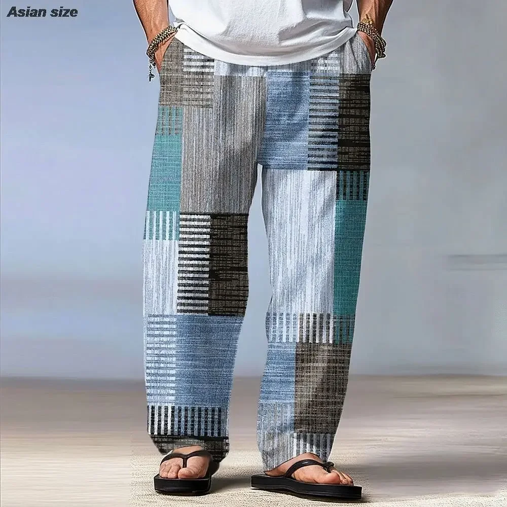 Fall/Winter Men's Geometric Pattern Patchwork Pants Loose Long Casual Pants Mid-Collar Vacation Style
