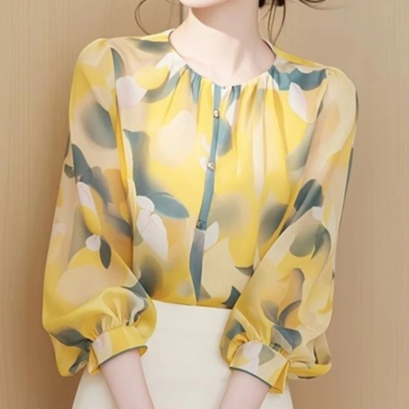 

Women Spring Fashion Office Lady Printing Loose O-neck 3/4 sleeve Shirts Ladies Simplicity All-match Trend Casual Tops TT1424