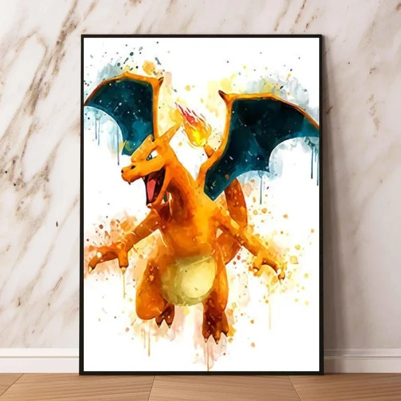 Cartoon Anime Poster Pokemon Charmander Pikachu Watercolor Art Kids Room Decoration Wall Hanging Painting Kids Gift