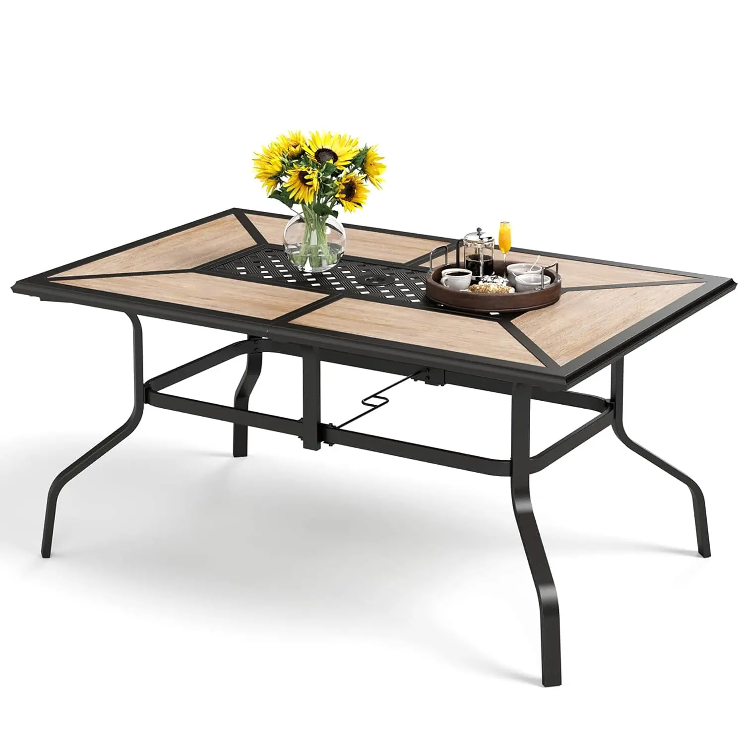 

Прямоугольный металлический обеденный стол с отверстием для зонта и столешницей из полимерного дерева, прочная садовая мебель на 6 человек, на заказ