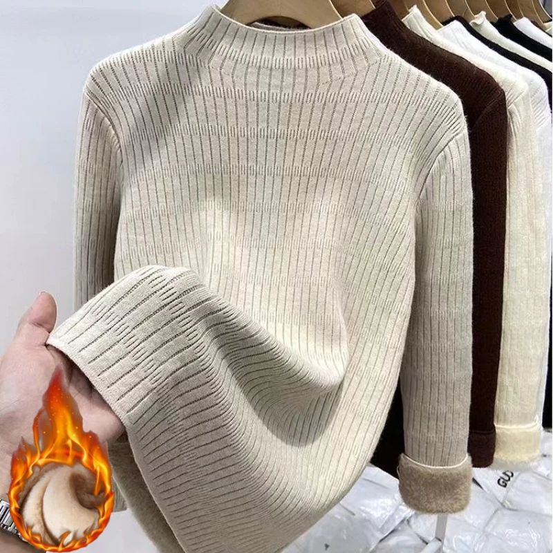 

Женский теплый вязаный свитер с воротником, зима 2025, однотонный базовый слой, топ в корейском стиле, толстый пуловер с длинными рукавами на флисовой подкладке 45