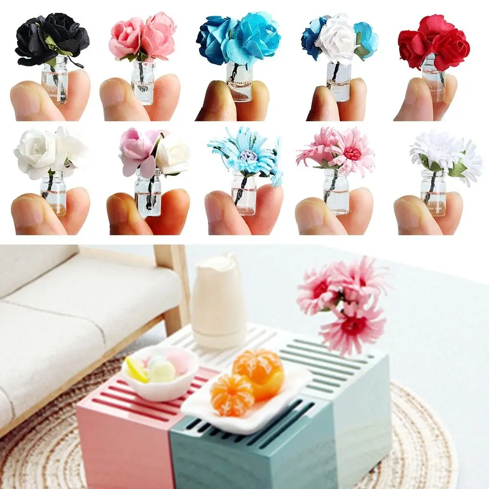 1/6 1/8 1/12 Dollhouse Flower Vase Multicolor Doll Accessories Miniature Rose Bouquet Scene Model Playing House