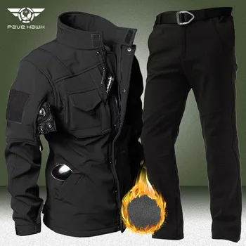 Ensembles chauds militaires en polaire pour hommes, veste tactique à coque souple + pantalon Cargo de l'armée, costumes 2 pièces, ensemble imperméable coupe-vent pour l'extérieur