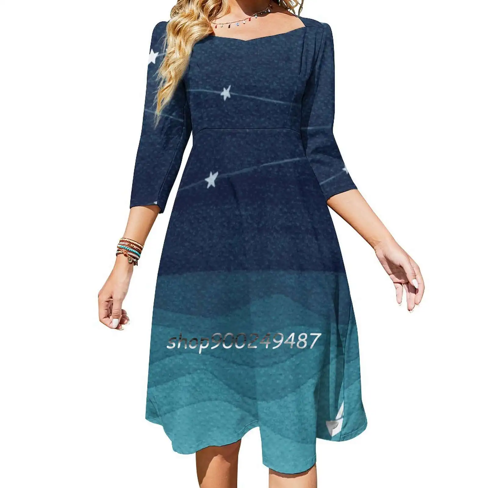 Garland Of Stars , Teal Ocean Sweetheart Knot Flared Dress Fashion Design Large Size Loose Dress Sailboat Boat Sailor Sailing