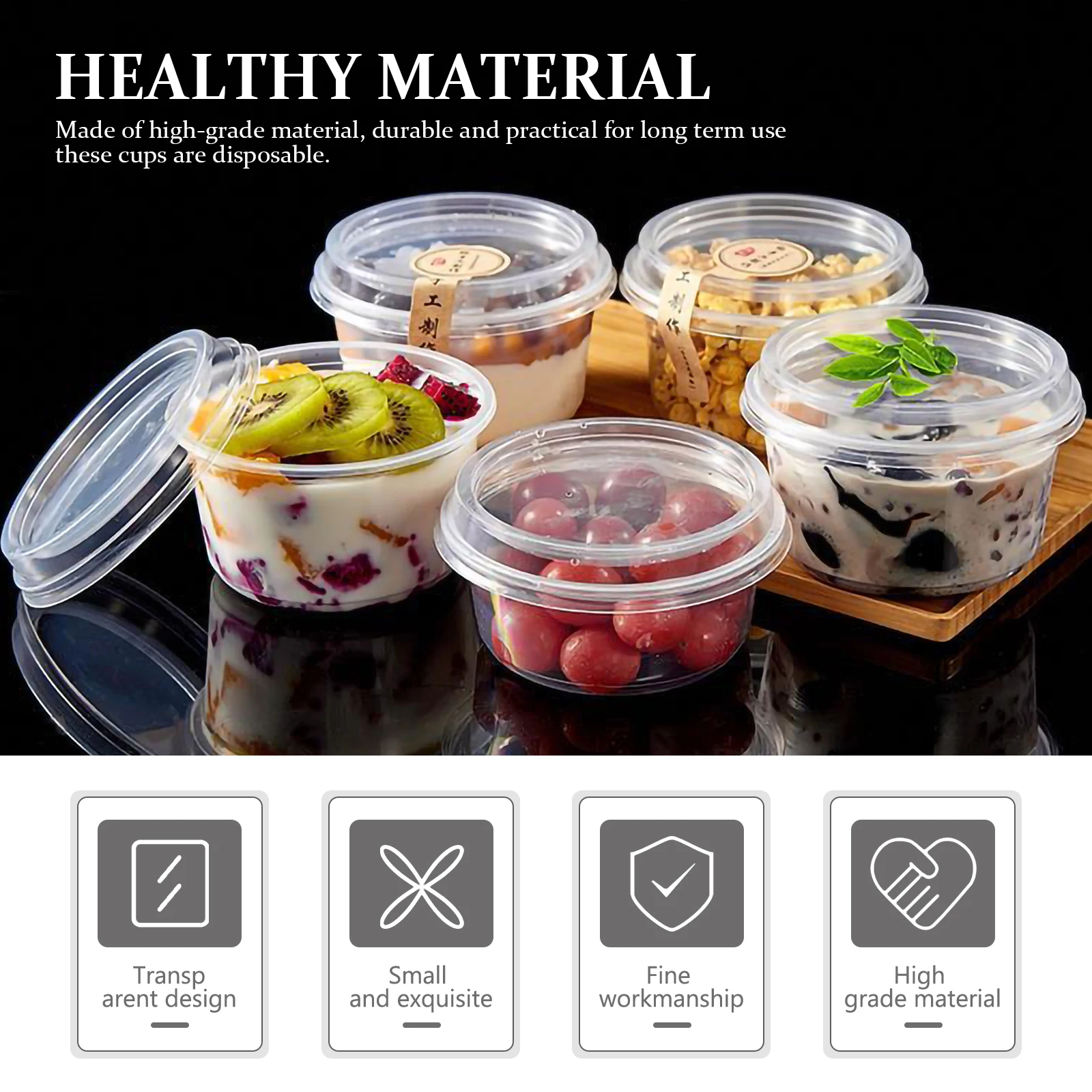 

50 Sets Disposable Food Containers Airtight Soup Bowls Plastic Fruit Cups Lids Lightweight Portable Storage for Restaurant