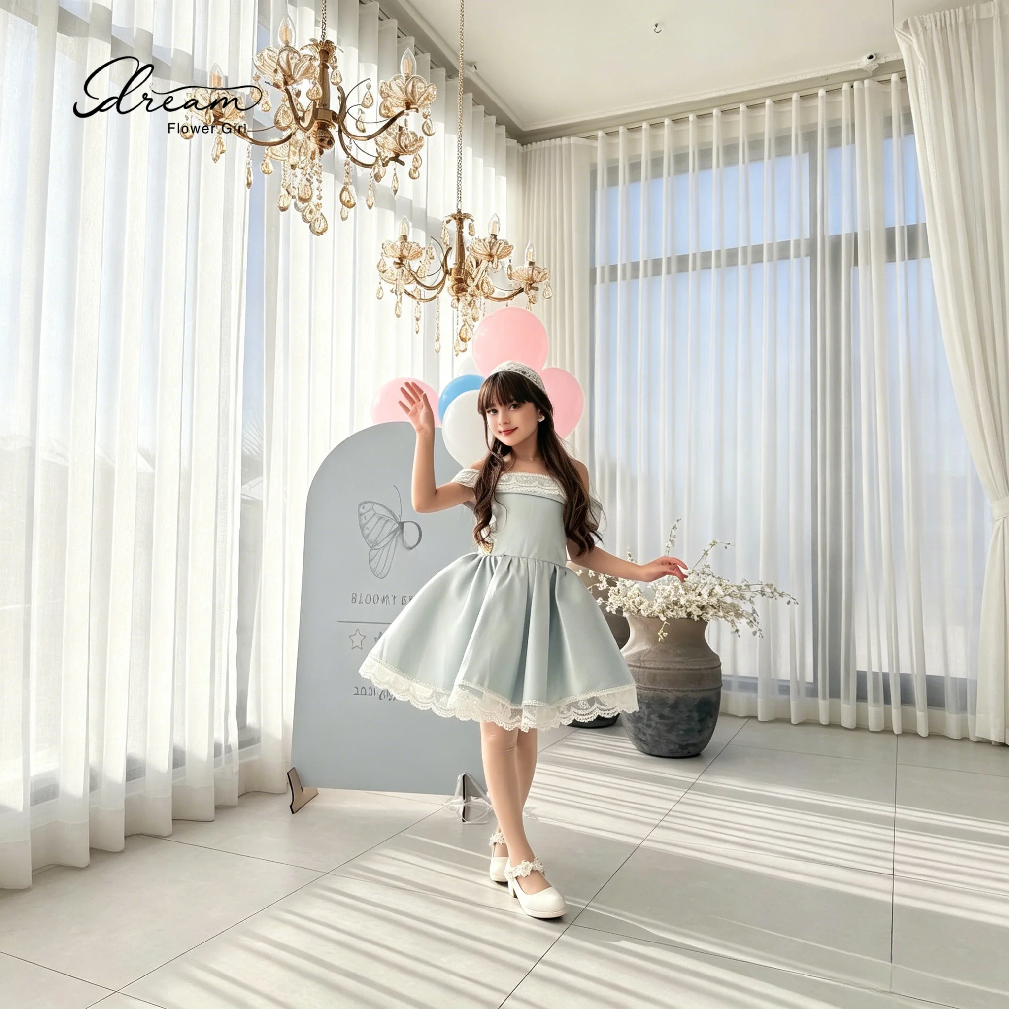 A cute light blue one-shoulder and knee-length cocktail dress with a fluffy skirt and lace decorations