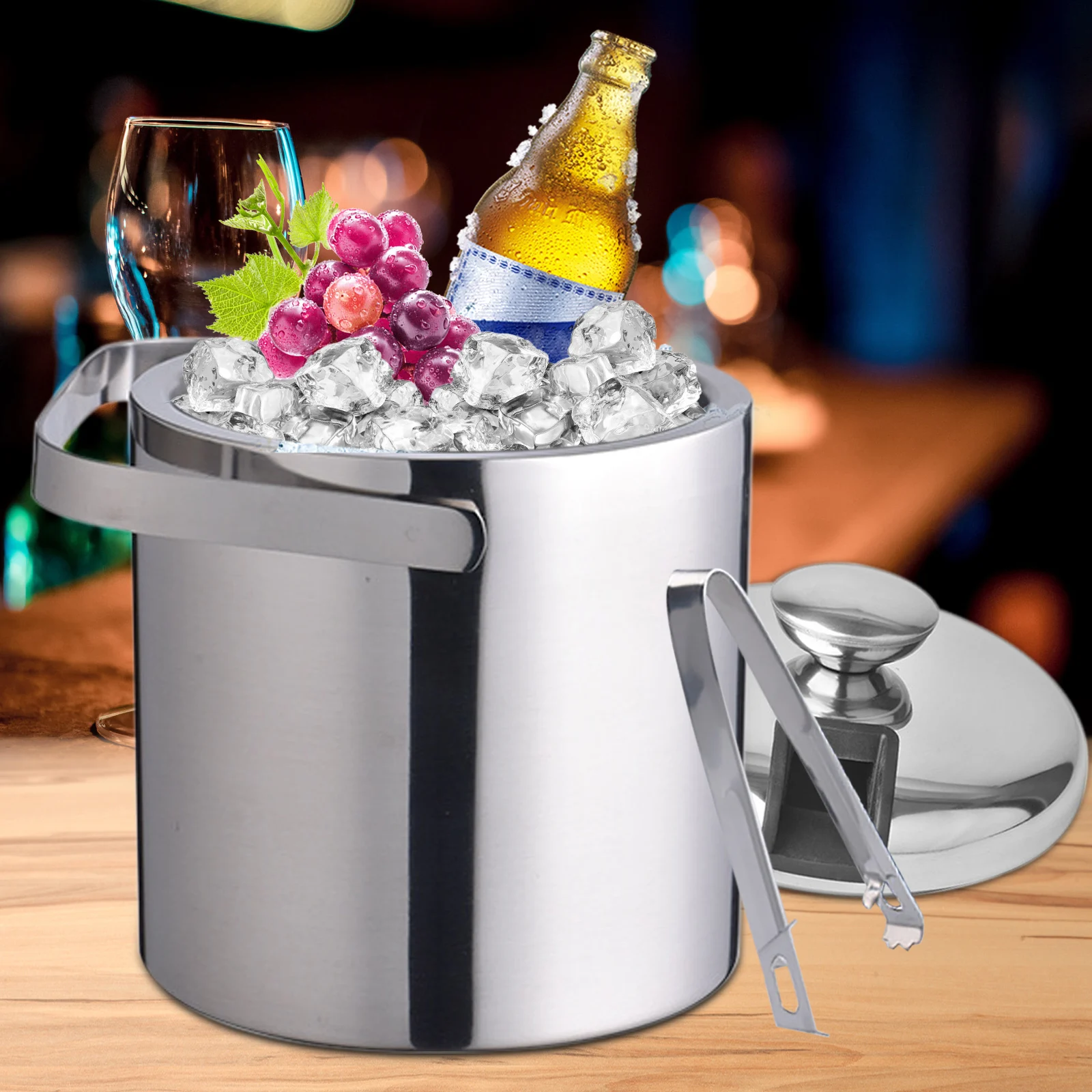 1.3L Ice Bucket Kit 304 Stainless Steel Insulated Beer Drink Keg Double-layer Beer Champagne Cooler KTV Barware Filter Clip