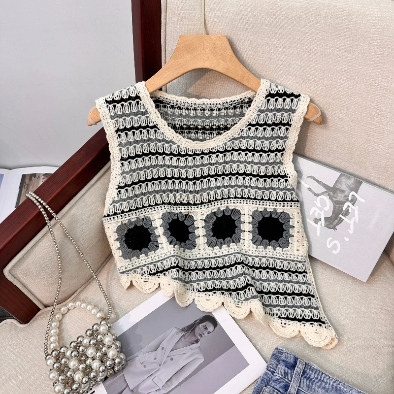 Granny Square Crochet Tank Top Sleeveless Asymmetric Hem Open-knit Crop Tops Women Teengirl Summer Fairycore Vintage Outfit