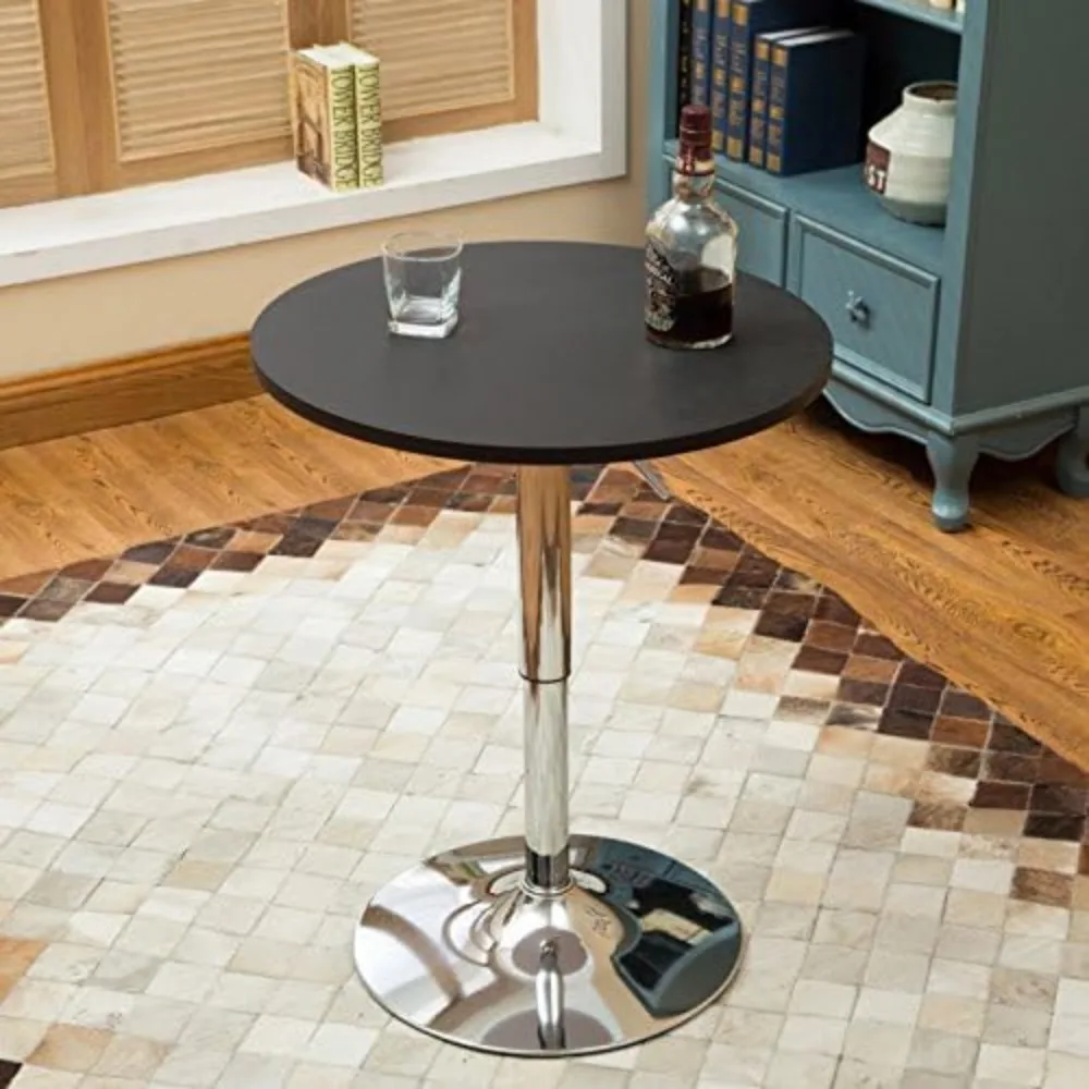 Bartafel en stoelen Zwart in hoogte verstelbaar rond pubbureau en 2 zwarte draaibare barkrukken op tegenhoogte voor eetkamer