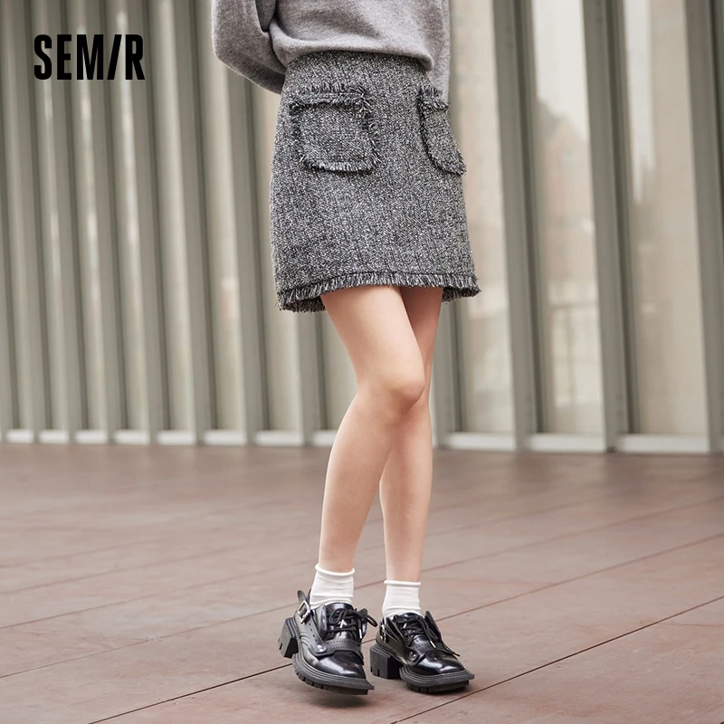 Semir Skirt Women Raw Edge Skirt Retro 2023 Winter New Temperament Texture A-Line Skirt