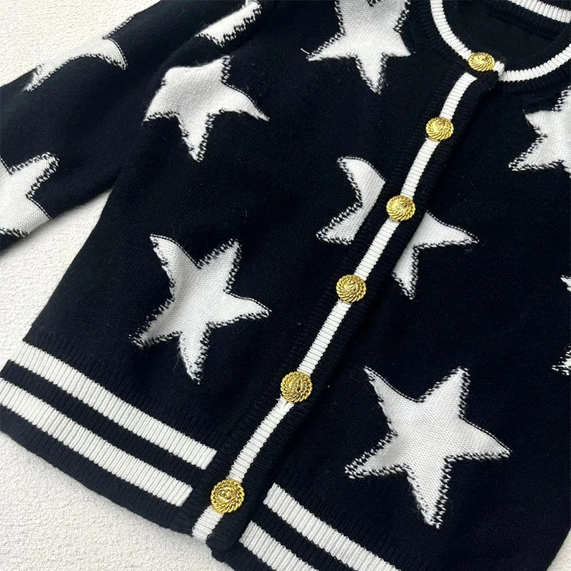 Star Jacquard Knit Cardigan Women Sweater Luxury Designer Iconic Lion Gold Button Femme Clothing Buckle Tops Autumn Winter Coat