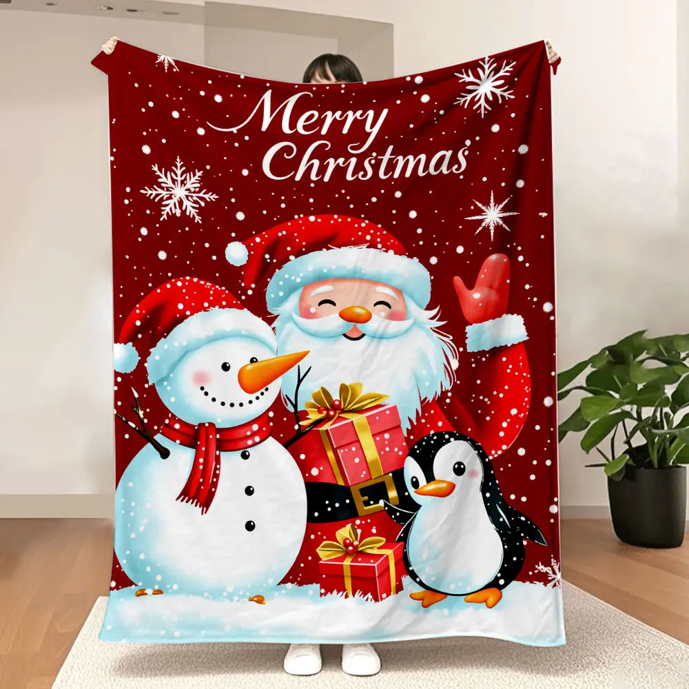크리스마스 담요 - 눈사람, 산타클로스, 펭귄이 있는 축제 디자인, 눈송이가 있는 빨간색 배경, 크리스마스 장식, 선물에 이상적