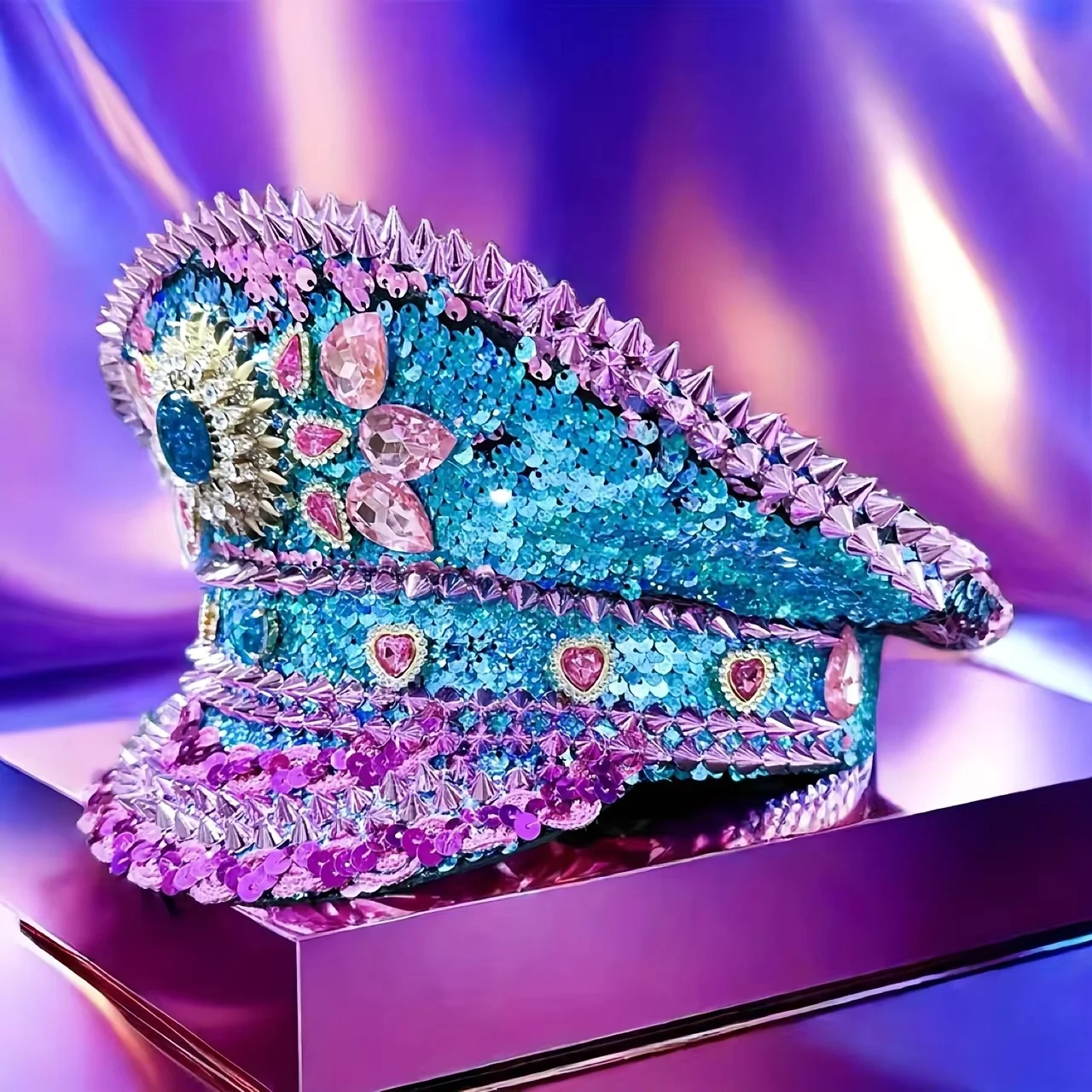 HongLuan Rosa Halloween-Kostüm, Hut für Erwachsene, Kapitänshüte, Strass für brennende Männer, Festival, Frau, Cosplay, Damen-Accessoires