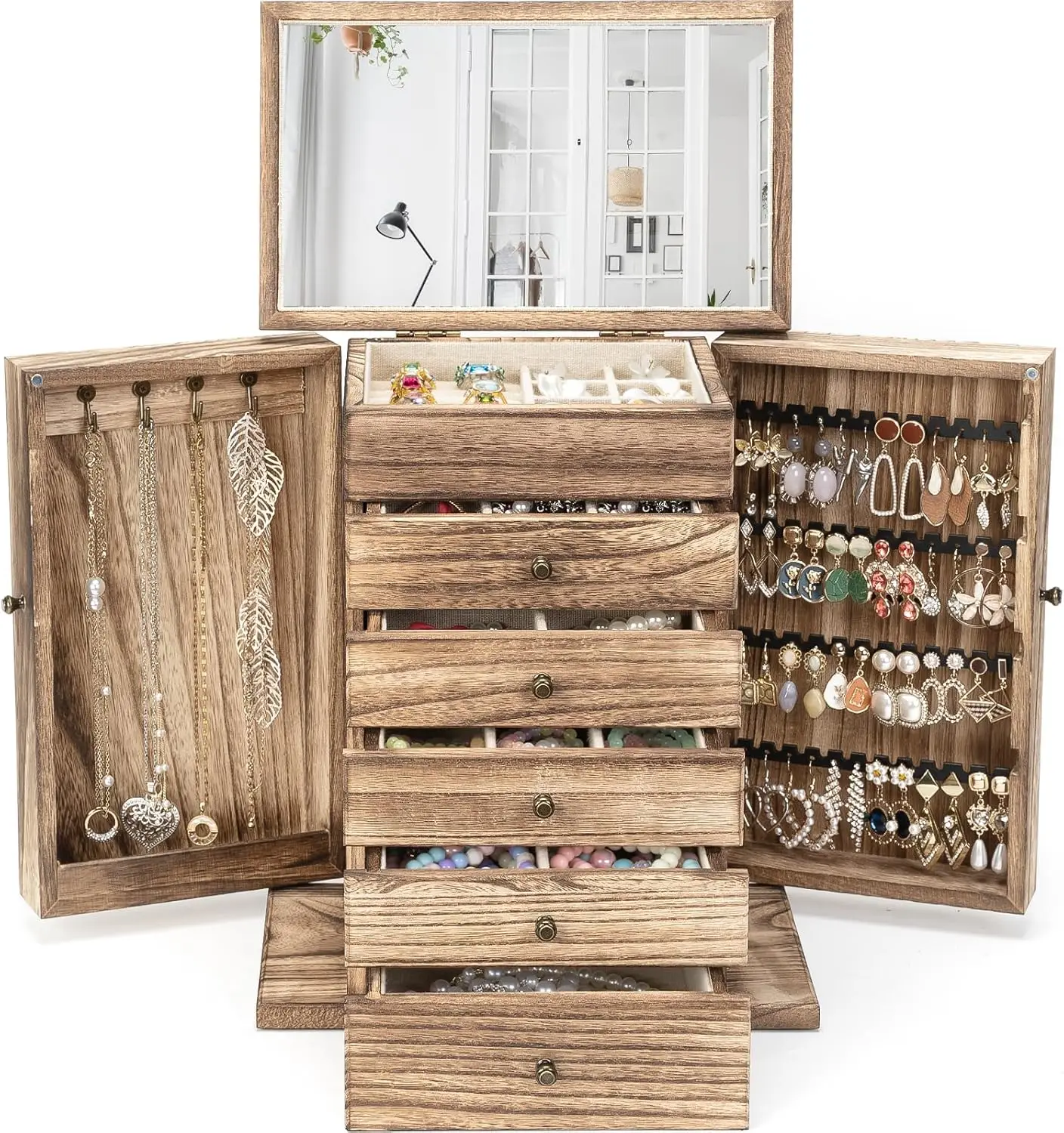 

6-Tier Wooden Jewelry Organizer with Mirror, Large Storage for Rings Earrings Necklaces Bracelets Watches in Rustic Brown