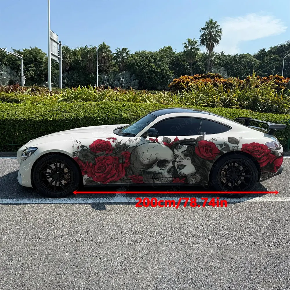 2pcs Day of The Dead Couple with Roses Car Side Wraps, Self-Adhesive PVC Waterproof & Scratch-Resistant Stickers, Car Accessory