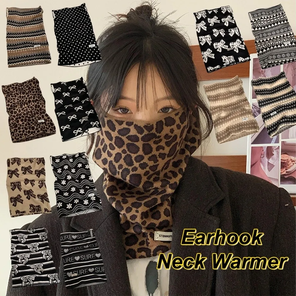 Máscara térmica para ciclismo con estampado de leopardo a prueba de viento, gorro de punto con lazo de flores y gancho para la oreja, calentador de cuello a rayas, otoño