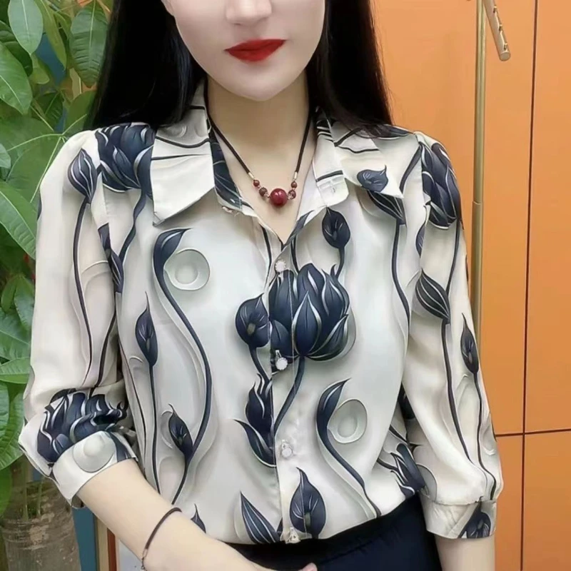 Spring Autumn Long Sleeve Button Up Cardigan Women\'s Clothing Turn-down Collar Casual Plant&Flowers Printing Shirt Elegant Tops