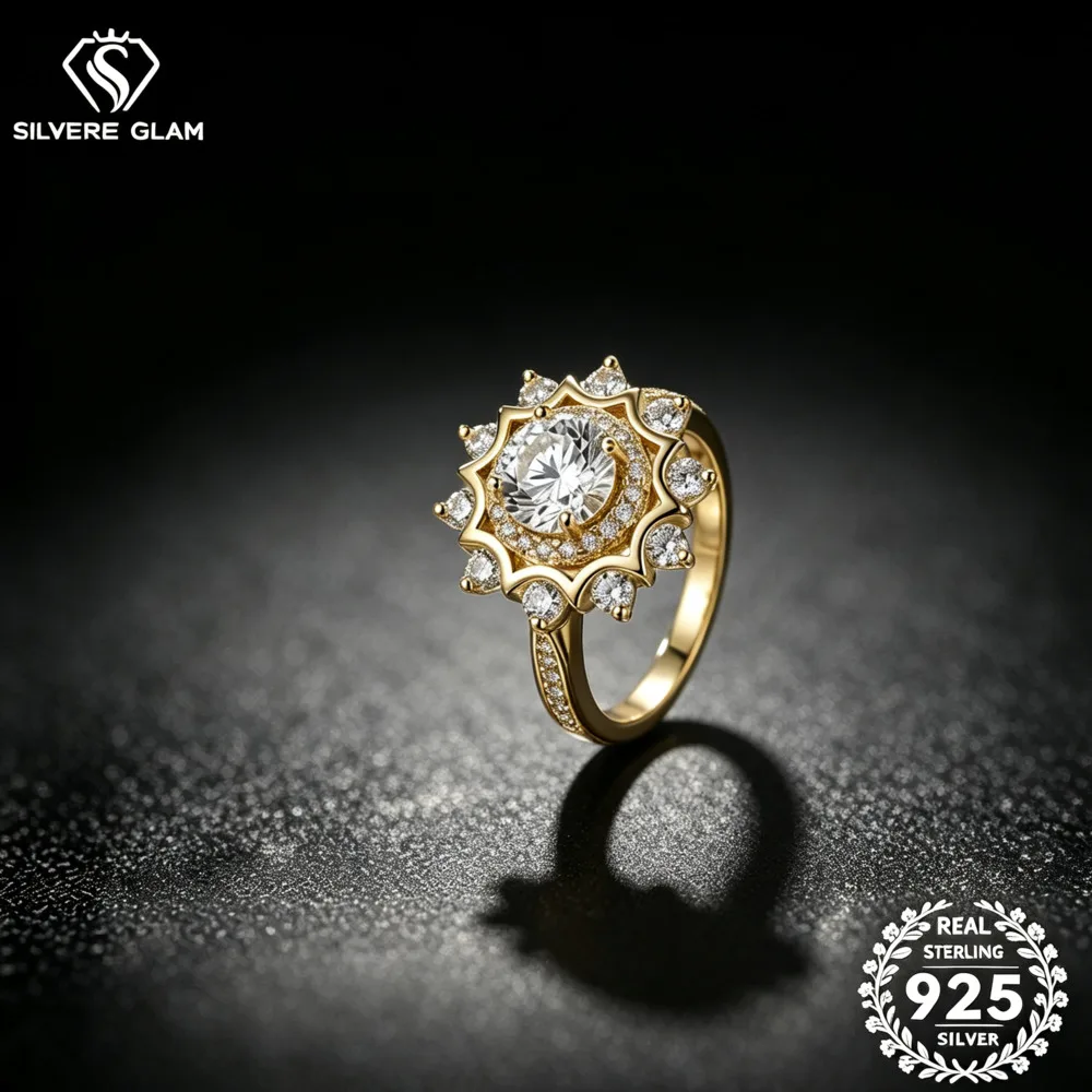 1CT Round Sunflower Halo S925 Silver Ring D VVS1 Round Cut Moissanite Fine Jewelry For Women Vintage Engagement Wedding Gift
