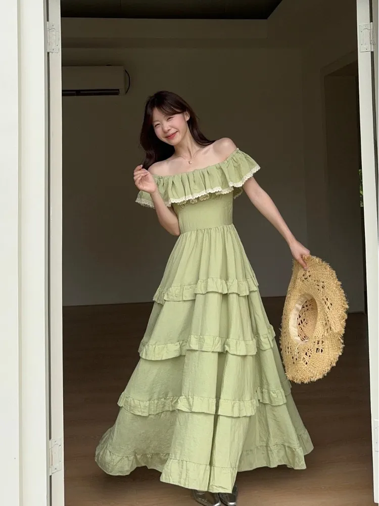 Francês retro fora do ombro puff manga verde babados em camadas bolo vestido para as mulheres verão fino-ajuste férias fada a linha vestido