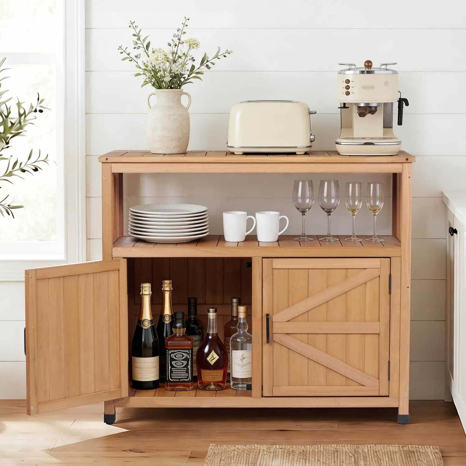 Outdoor Patio Bar Table, Wooden Serving Station with Storage Cabinet | DOUBLE-Layer Tabletop, Large Hidden Storage, Outdoor